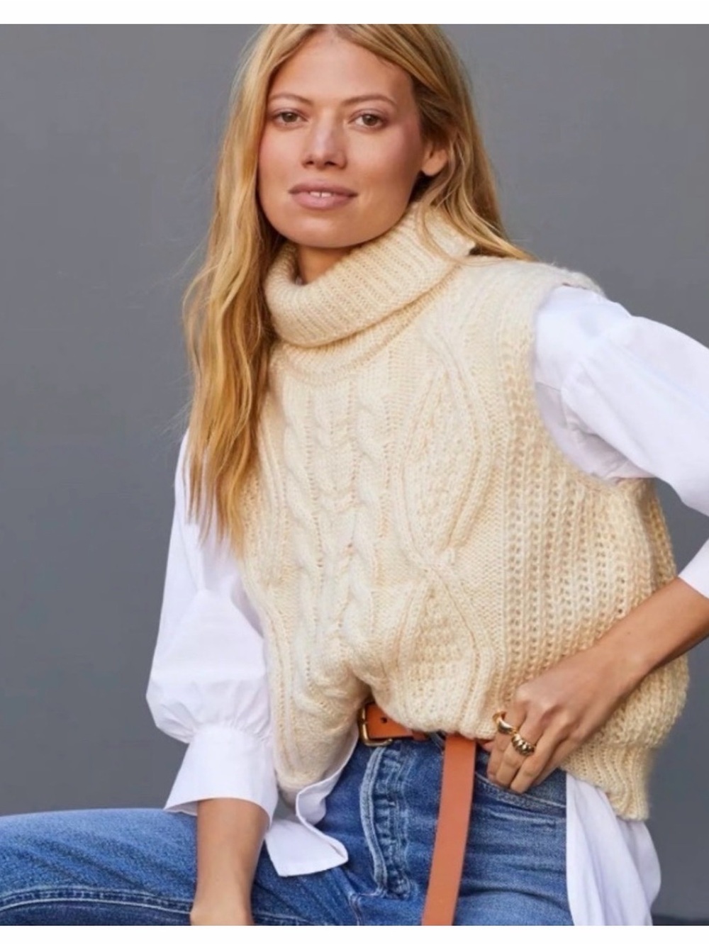 Cream Cable Knit Turtleneck Sleeveless Sweater Vest - One Size